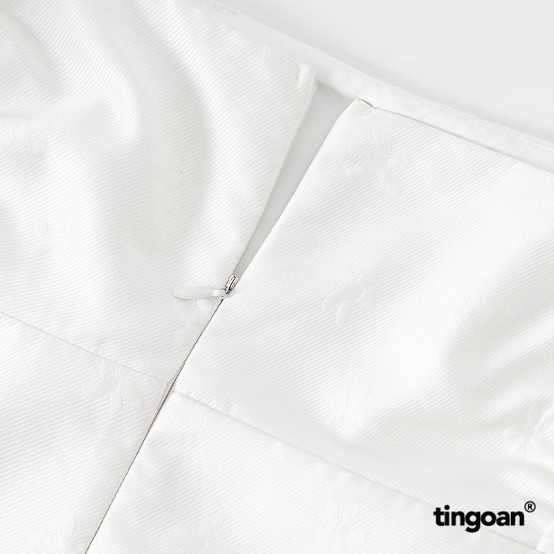 TINGOAN® - Váy hai dây gấm trễ vai buộc nơ tay 2 lớp họa tiết vải in vân hoa kèm cài nơ kim loại trắng tingoan BOWIE CRY
