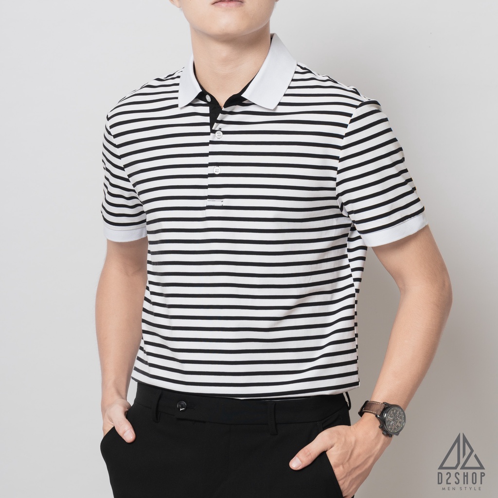 Áo thun polo nam D2shop, áo polo nam sọc ngang, màu trắng
