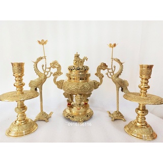 Bộ đỉnh thờ lư thờ bằng đồng vàng nguyên chất cao 40cm màu vàng ánh kim đỉnh hạc nến tam sự ngũ sự.
