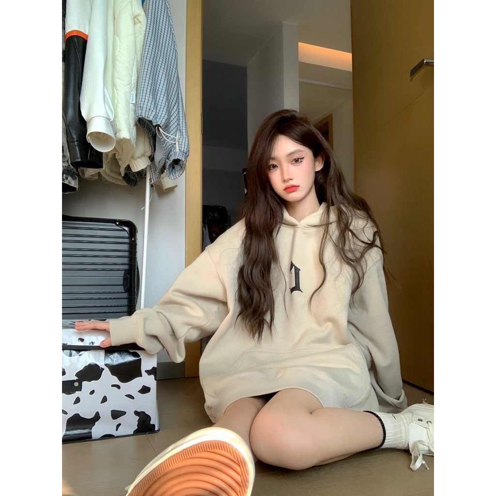 Áo Hoodie Dài Tay Dáng Rộng Thời Trang Mùa Đông Phong Cách Retro Mỹ Dành Cho Nữ