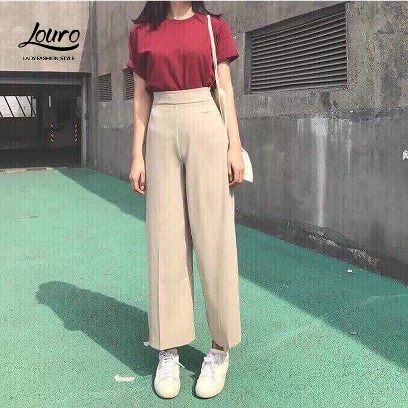 Quần ống rộng Louro L3000 khoá hông cạp cao,CÓ ẢNH THẬT dáng culottes ống sớ trơn 3 màu trắng đen be kiểu dáng đơn giản