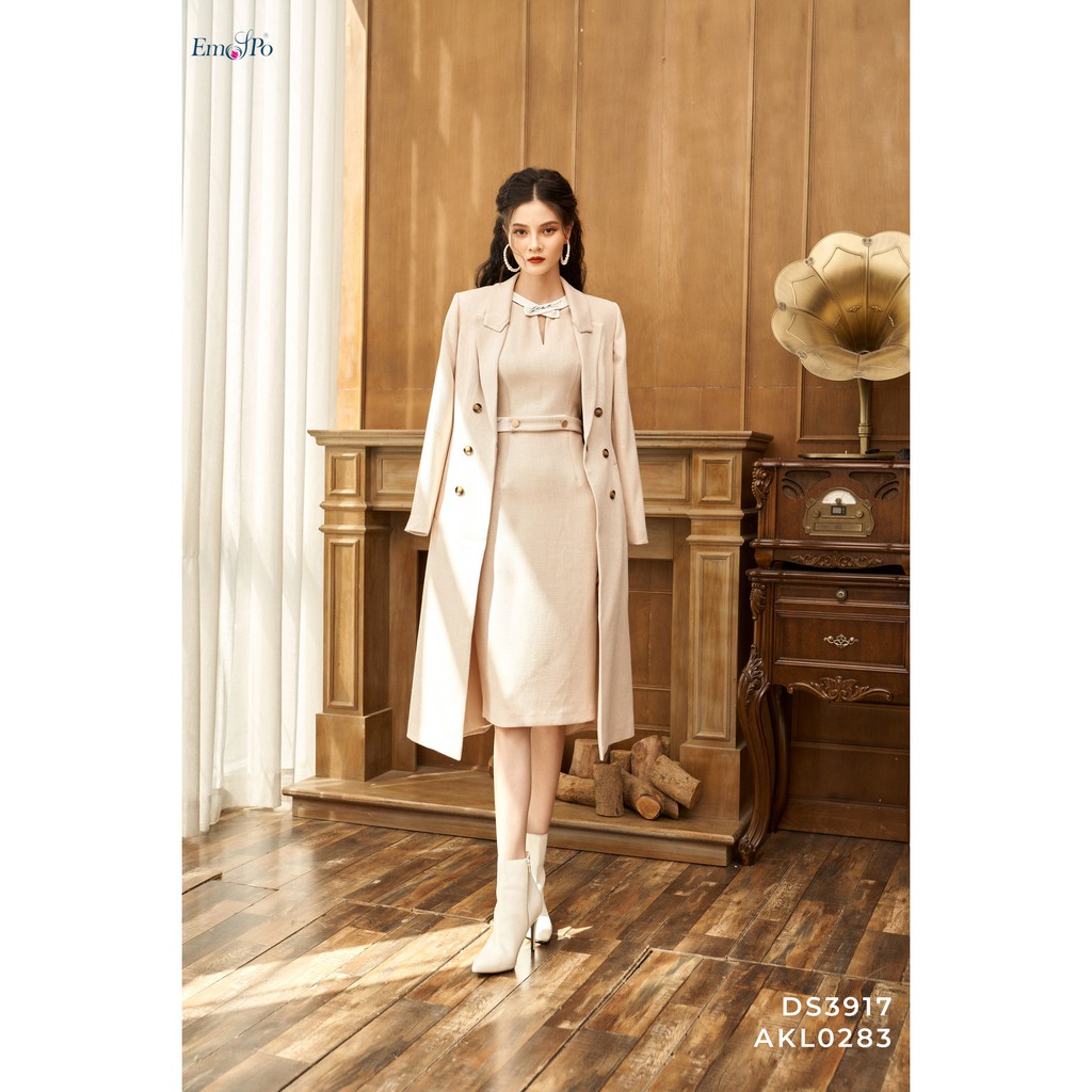 Đầm ôm không tay, cổ phối vải đính hạt trai thêu hoa, đai eo liền Emspo DS3917