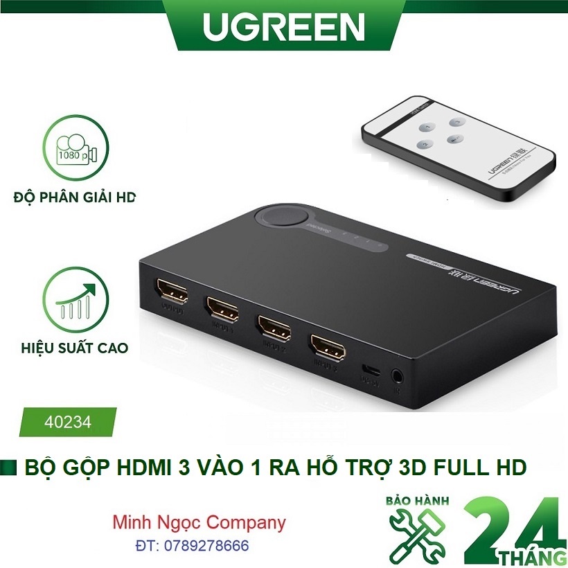 Bộ gộp HDMI 3 vào 1 ra Ugreen 40234 (Hỗ Trợ 3D full HD) - Hàng CHính Hãng