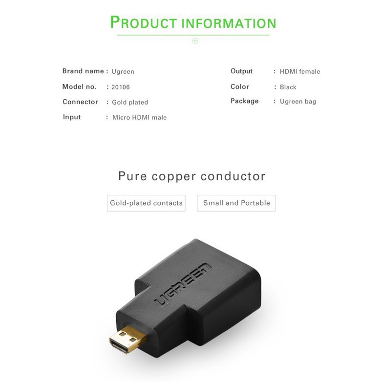 [Mã INCU10SEP giảm 15K đơn 50K] Đầu chuyển Micro HDMI sang HDMI (âm) Ugreen 20106 ✔HÀNG CHÍNH HÃNG ✔