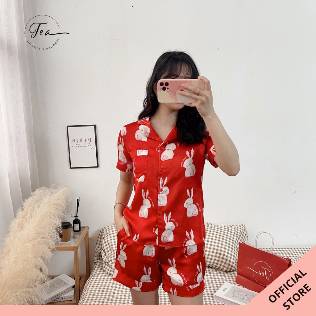 Bộ Mặc Nhà Pyjama Lụa Cộc Tea Store Họa Tiết Chim Cánh Cụt Màu Xanh