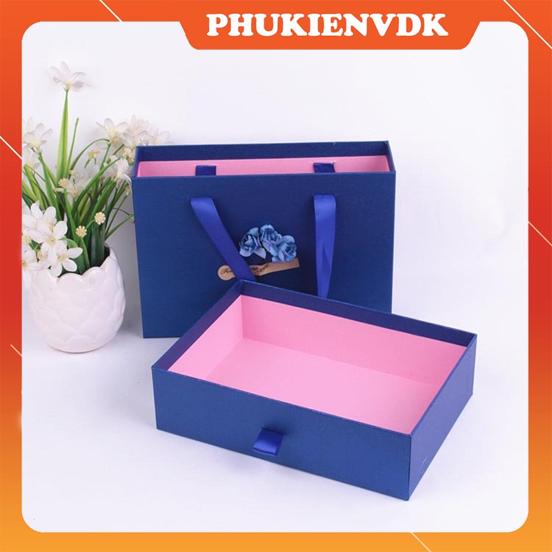 Hộp quà tặng kèm túi dạng kéo gắn hoa màu xanh cao cấp