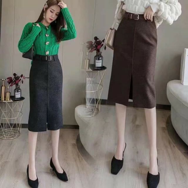 Chân váy dạ dài kèm đai