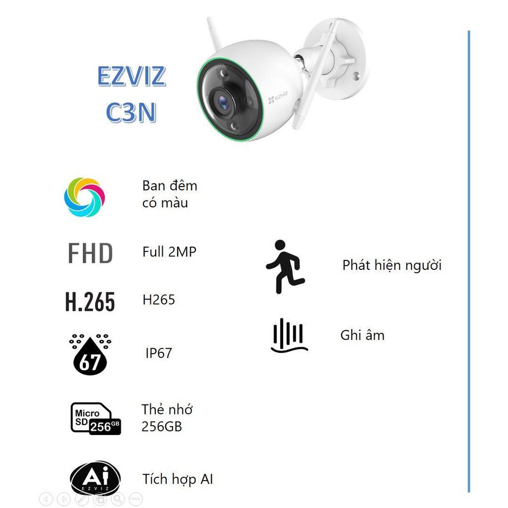 Camera Wifi EZVIZ C3N 2.0MP 1080P Ngoài trời có màu ban đêm, tích hợp tính năng AI,phát hiện chuyển động -Bảo hành 24TH