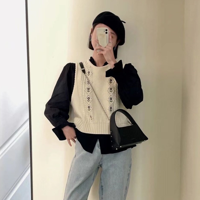 Áo Dệt Kim Sát Nách Thêu Hoa 208536 Áo Sweater Không Tay Dáng Ngắn Phong Cách Vintage Hàn Quốc