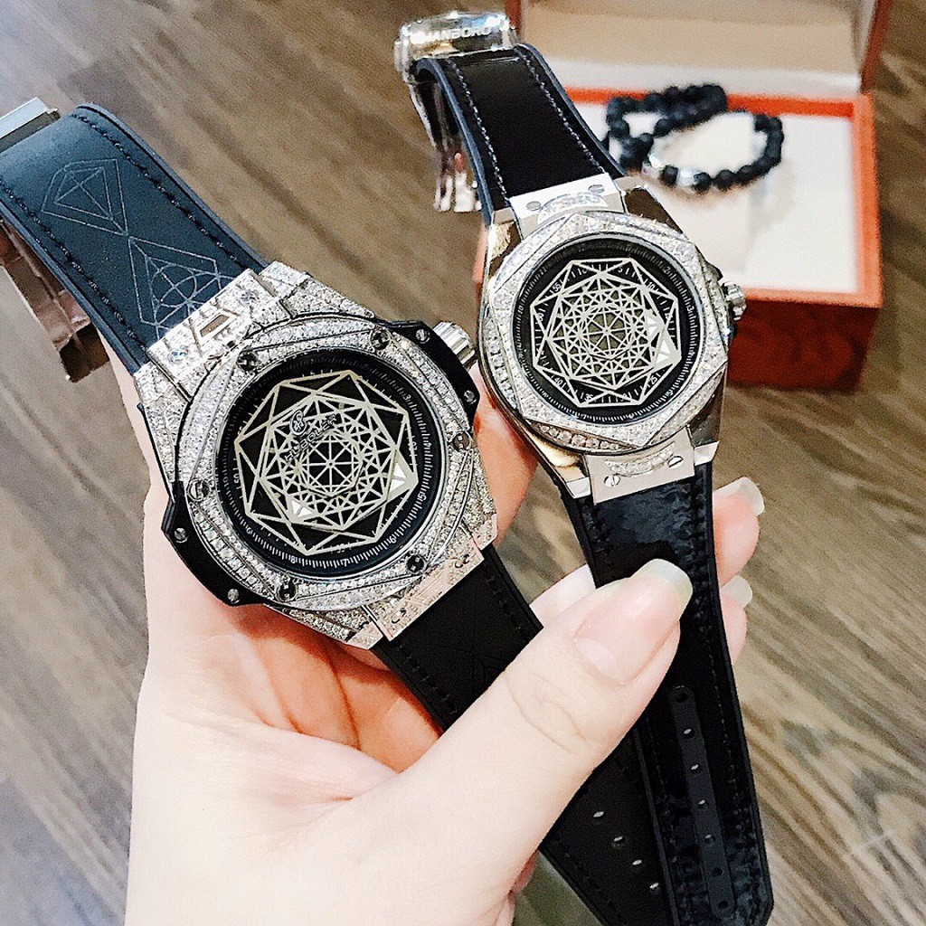 Đồng Hồ Cặp Huboler Hanboro Dây Silicon Bọc Da Đen Silver Chính Hãng