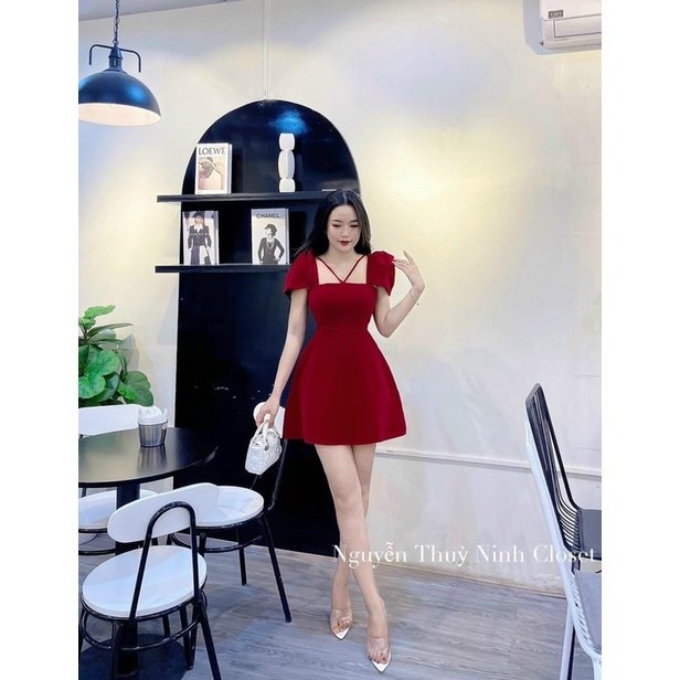 đầm nhung xoè tay tiên cập bến 2 màu