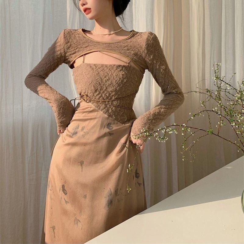 Honypove Đầm Hai Dây Dài Qua Gối Phong Cách Cổ Điển Phối Lưới Thời Trang Mùa Xuân Hàng Mới Dành Cho Bạn Nữ 2022