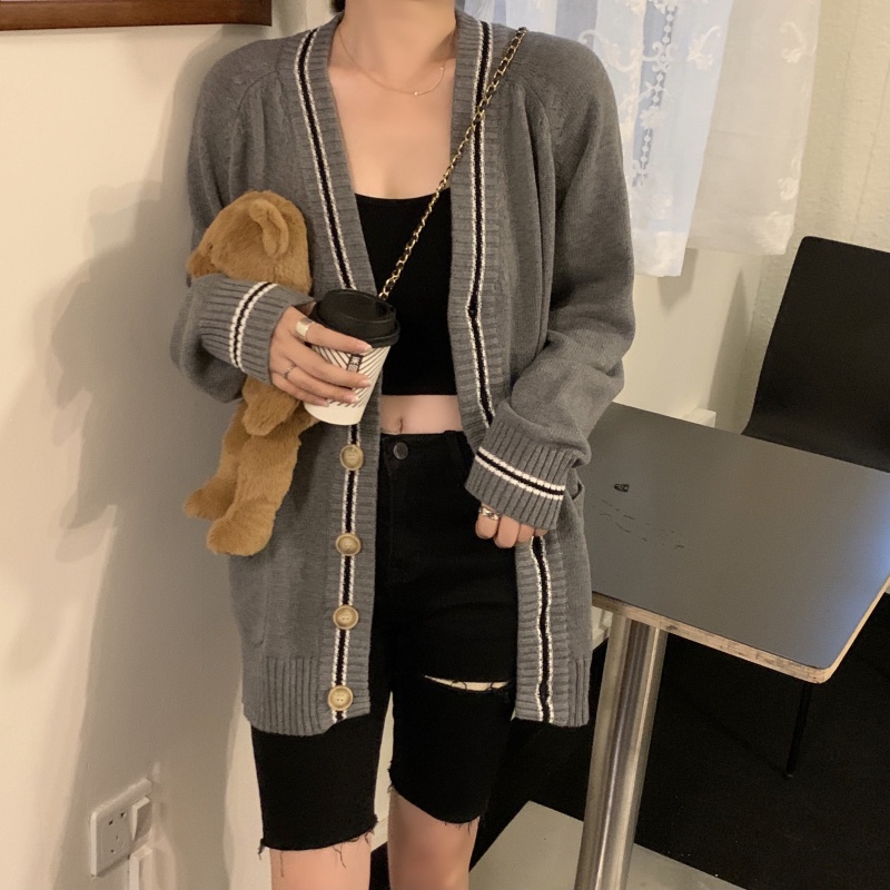 Long-sleeved sweater, knitted jacket, Korean style loose V-neck