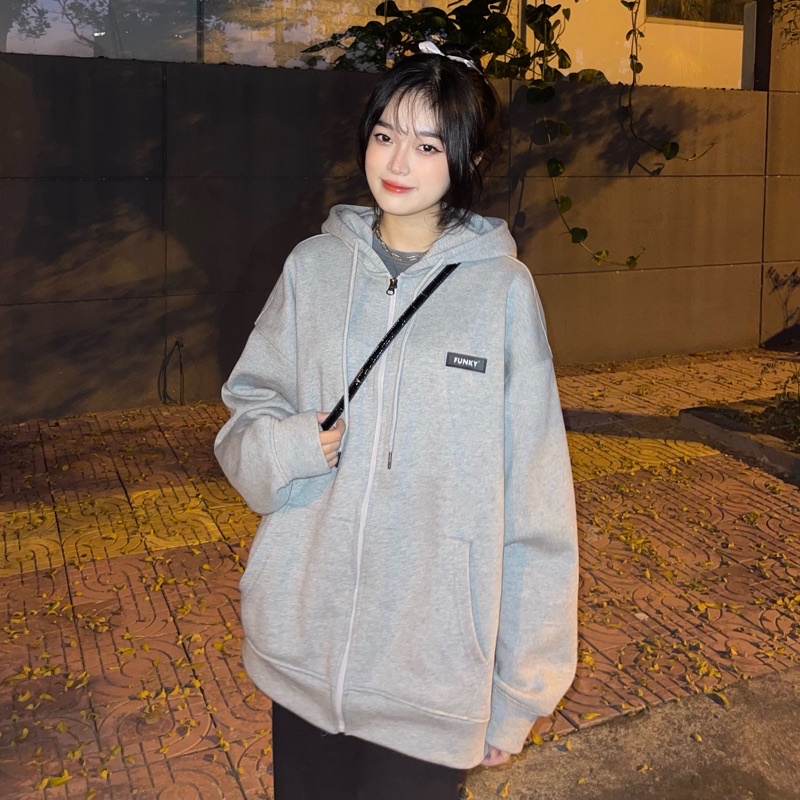 ÁO KHOÁC HOODIE ZIP NAM NỮ MŨ RỘNG FORM RỘNG UNISEX MÀU GREY XÁM FUNKY