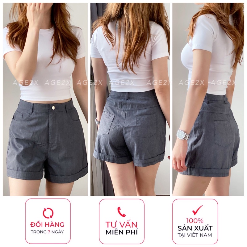 Quần Short ống rộng, Lưng Siêu Cao, chính hãng AGE2X, vải kaki 83% cotton, mềm, mát, ít nhăn, không ra màu, chuẩn HVNXK