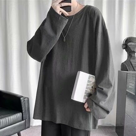Mới Áo thun tay dài cổ tròn màu trơn đơn giản phong cách Harajuku cho nam