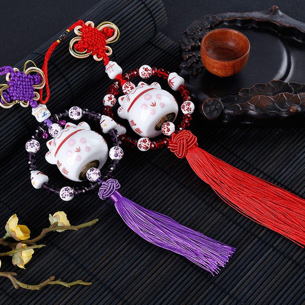 GLENES Security Lucky Cat Car Pendants Girls Lucky Cat Car Interior Ceramic Cat Ornament Accessories Cute Cat Bell Pendant Chinese Knot DIY Trinkets Lucky Cat Cat Hanging Pendant/Multicolor