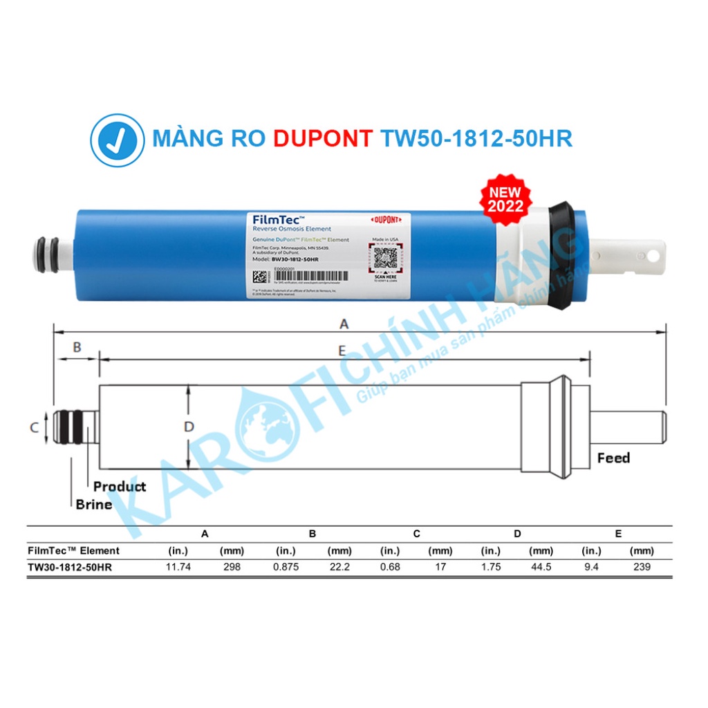 Lõi Lọc Nước RO Karofi - Màng Dupont Filmtec New (Chính Hãng)