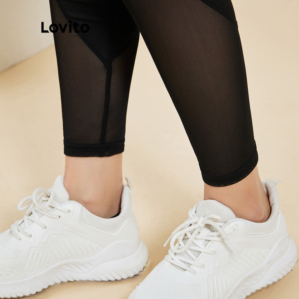 Quần legging Lovito màu trơn phối lưới tương phản nhanh khô L15X241 phong cách thể thao (Màu đen)
