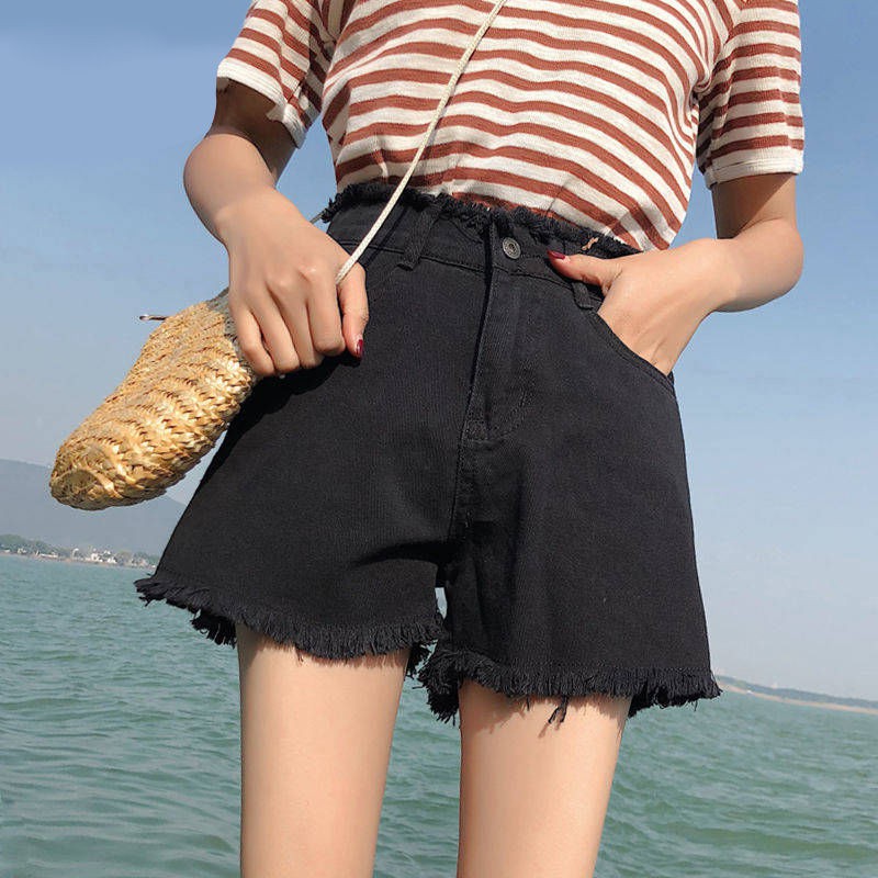 Quần short denim nữ mùa hè 2021 phiên bản Hàn Quốc mới với eo cao và gầy, sinh viên mặc quần ống rộng, hở hang