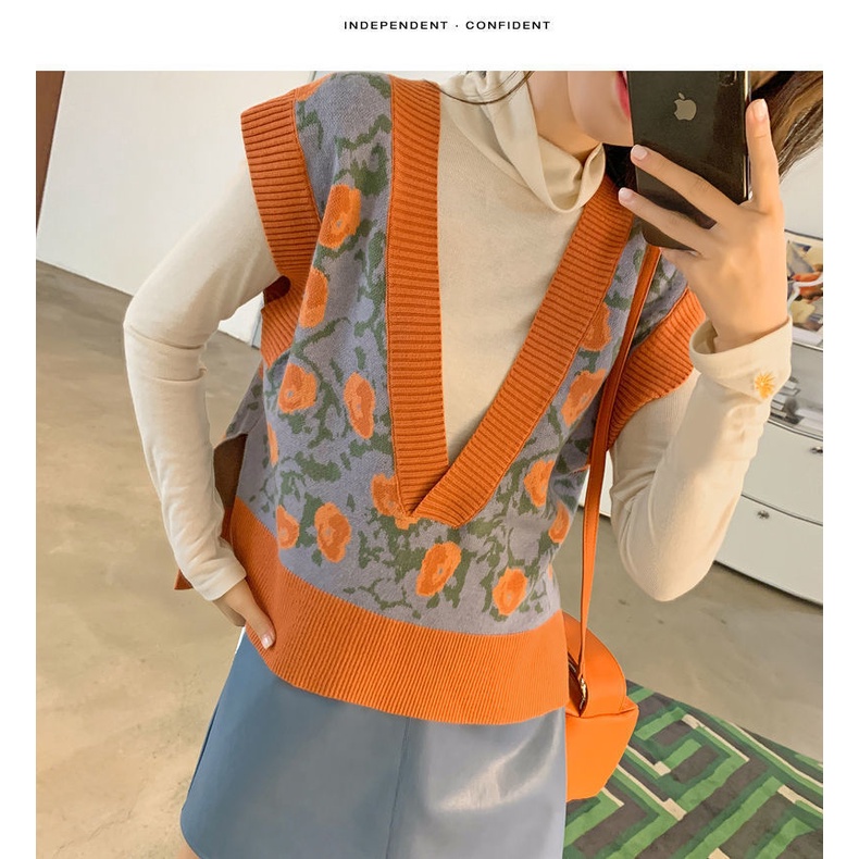 Áo gile Len Nữ Kiểu Hàn Quốc ulzzang Dệt Kim Cổ V Họa Tiết Hoa Phong Cách  K5M3 | BigBuy360 - bigbuy360.vn