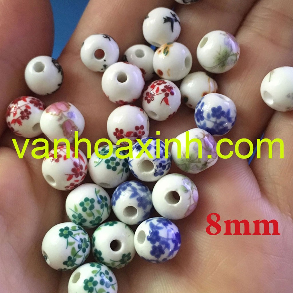 2 hạt gốm tròn hoa văn đẹp size 8-10mm, chọn size