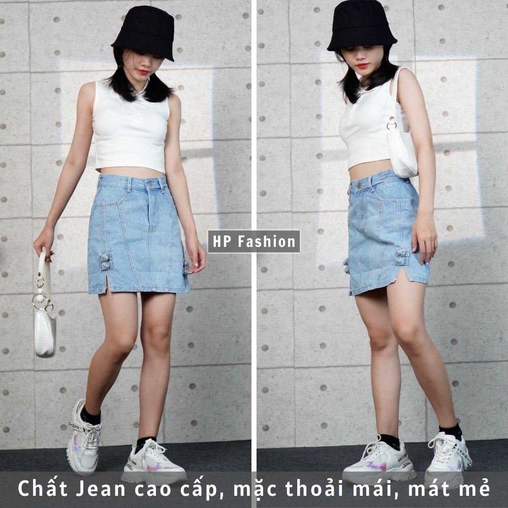 Chân váy jean chữ A xẻ tà cực xinh, chân váy bò nữ cạp lưng cao dáng ngắn trẻ trung - QJ29 - Happy Style