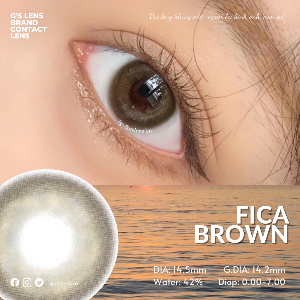 Lens Mắt Kính Áp Tròng Màu Nâu Tự Nhiên Fica Brown Giãn Ít Size S 14.2Mm Có 0 Đến 7 Độ Lệch Độ