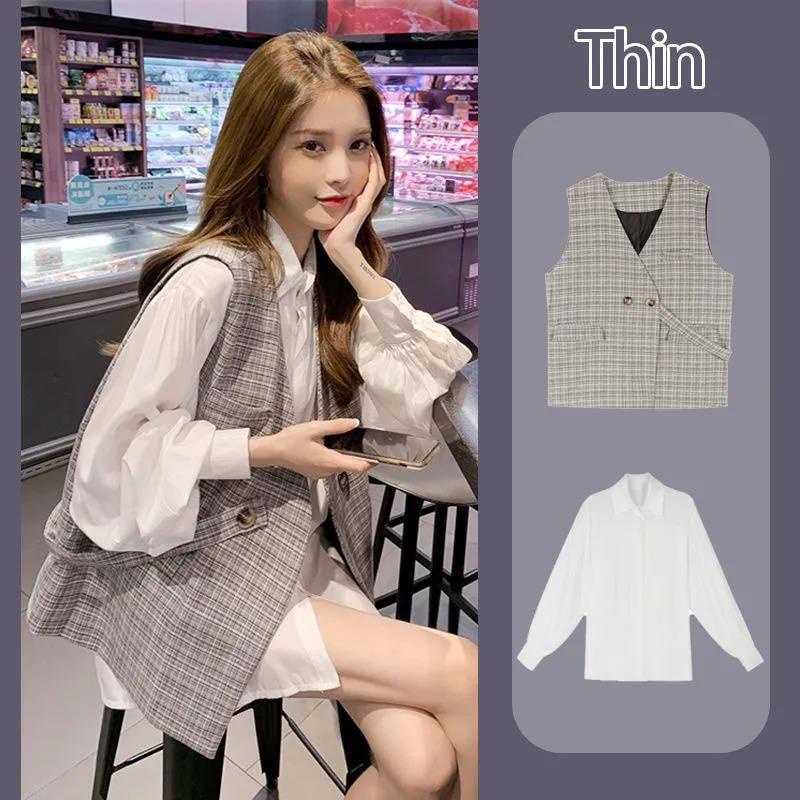 Set Áo Sơ Mi Trắng Tay Dài Kẻ Sọc + Áo Khoác Sát Nách Thời Trang Xuân Thu Mới 2021