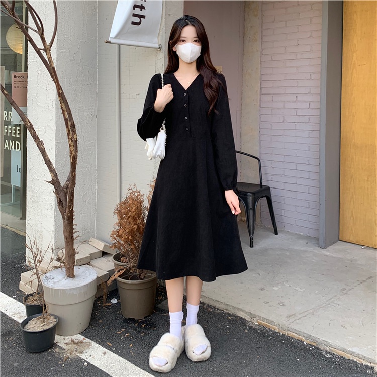 Đầm nhung IELGY dài tay cổ chữ V phong cách Pháp thời trang dành cho nữ