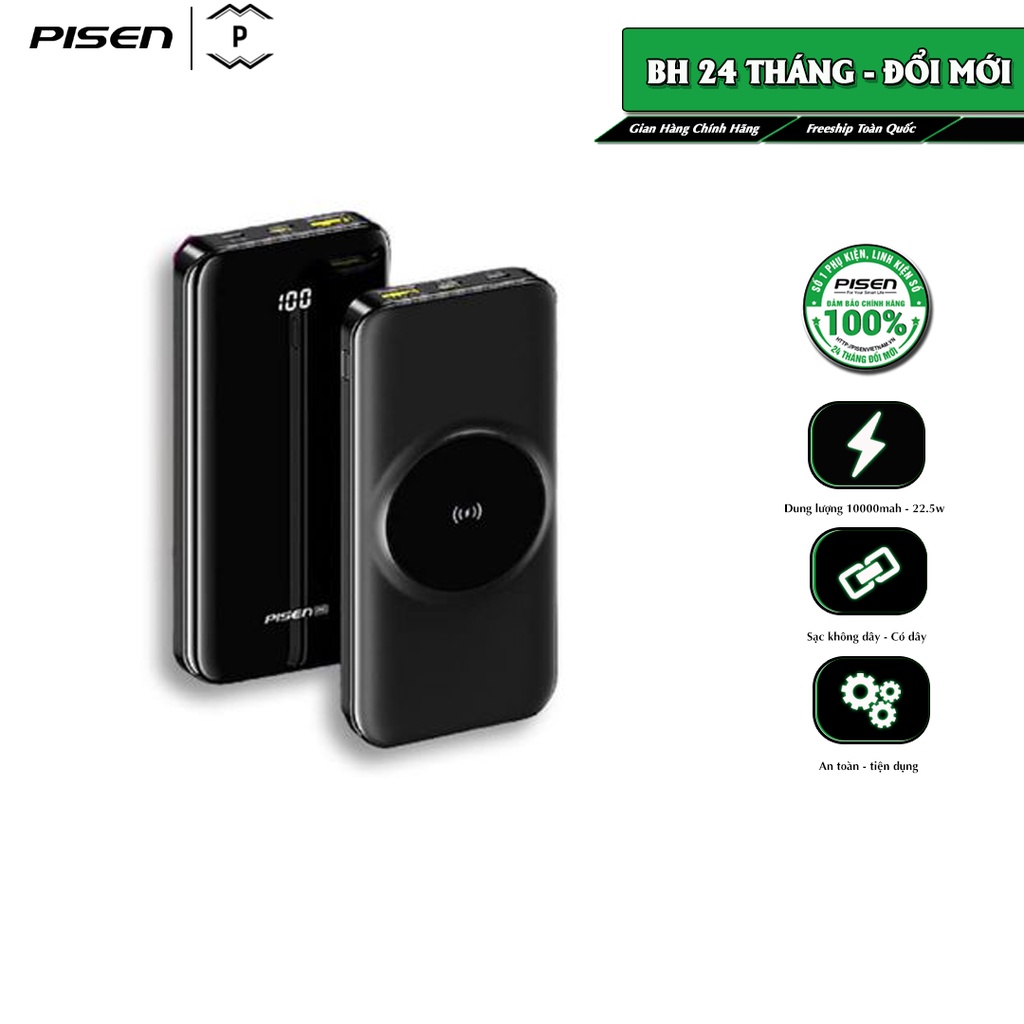 Sạc dự phòng PISEN PRO Wireless 10000mAh , 22.5W (KC-DY04) - Black - Hàng chính hãng