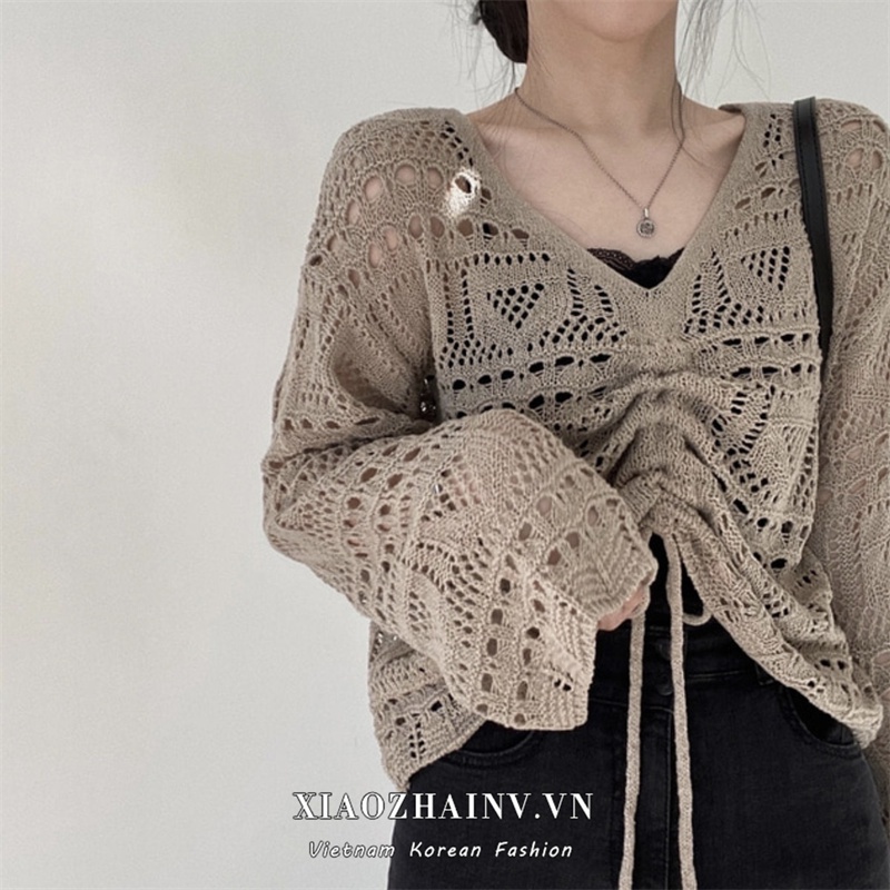 DUNEA Áo Dệt Kim Cổ Chữ V Phong Cách Retro Hàn Quốc Cho Nữ