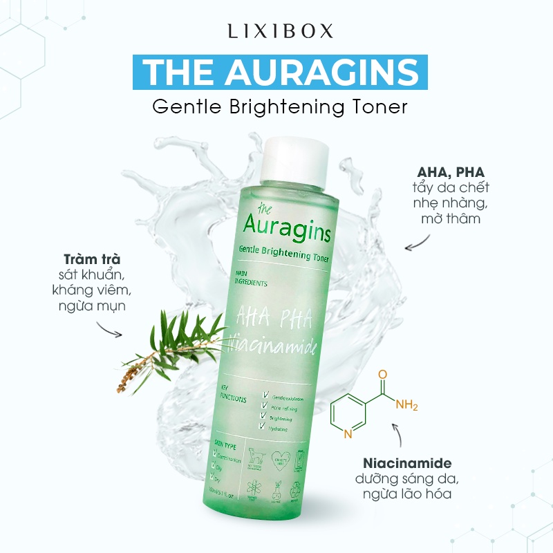 Nước hoa hồng sáng da, ngừa mụn AHA PHA The Auragins Gentle Brightening Toner 150ml