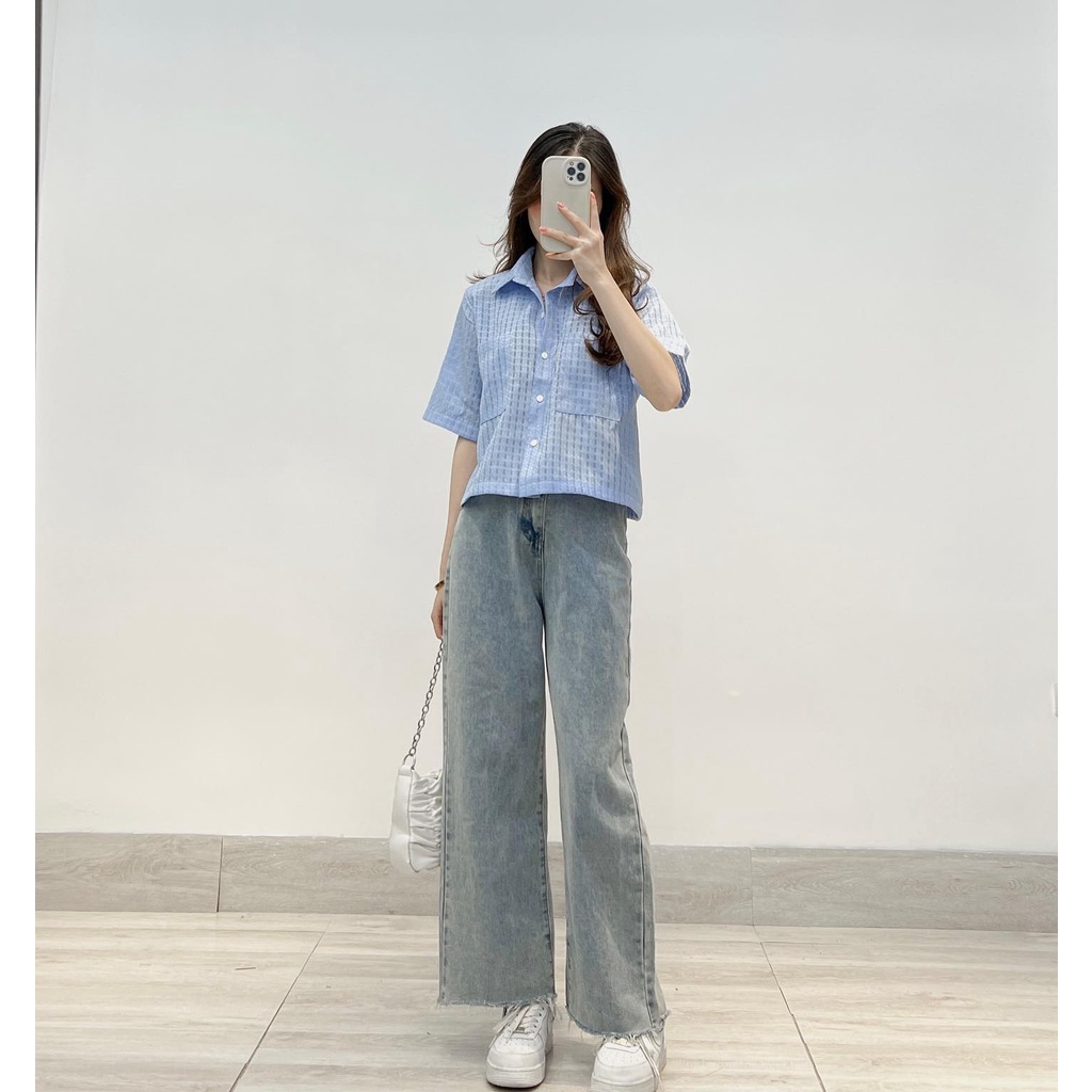 XẢ HÀNG Áo sơ mi croptop cộc tay ren thời trang Miho house