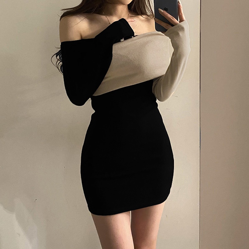 Đầm váy nữ trể vai tay dài phối màu dáng ôm body sang chảnh quyến rũ siêu xinh