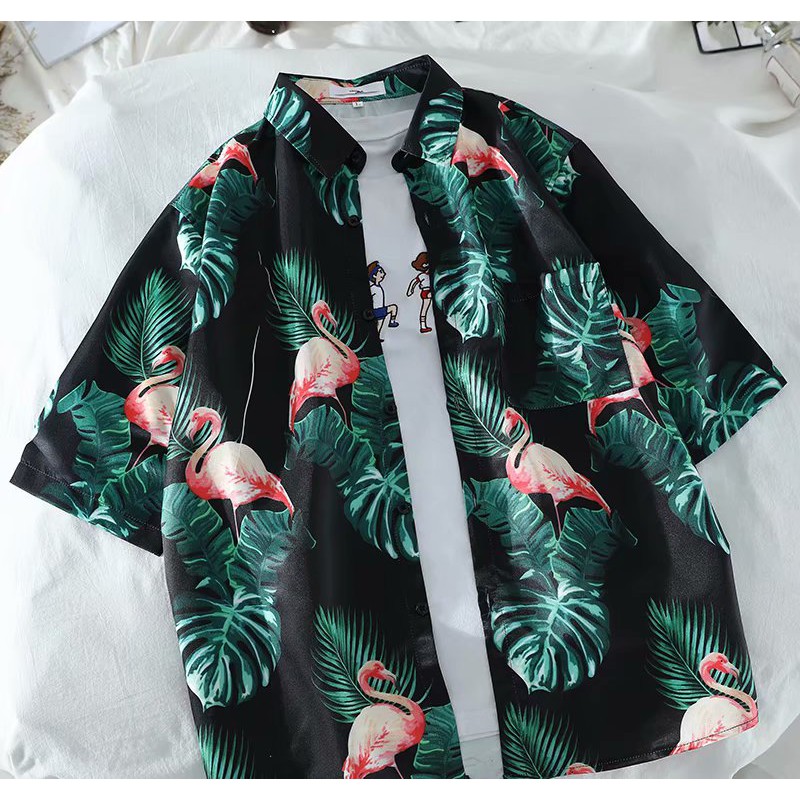 Men's trendy flamingo print short-sleeved shirt | BigBuy360 - bigbuy360.vn