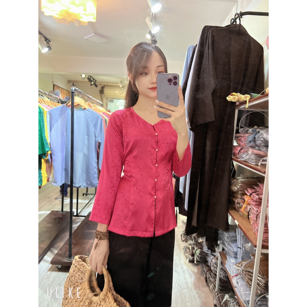 ❤️Áo bà ba màu hồng vải lụa gấm Hàn Châu # áo lụa cao cấp # bà ba vân hoa sen cúc ngọc sang chảnh AB12 Hồng Đậm