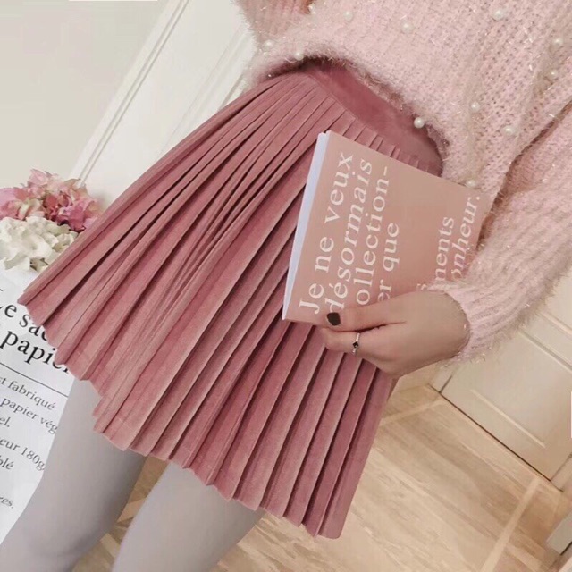 Chân váy xếp ly da lộn