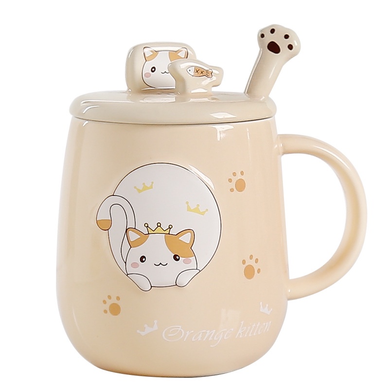 Ly sứ mèo siêu Cute kèm nắp sứ và muỗng Inox