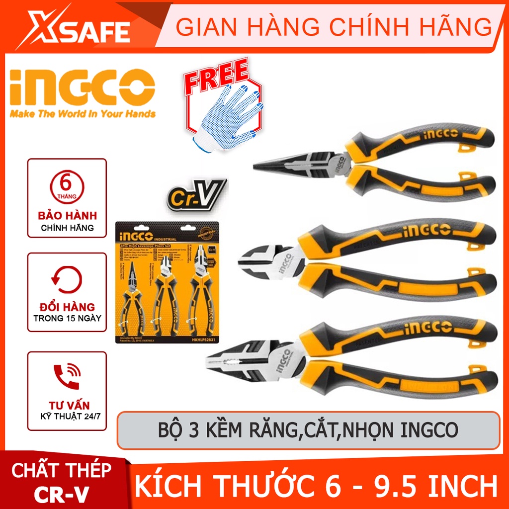 Bộ 3 kìm răng, cắt và nhọn cao cấp INGCO Bộ kềm đa năng chất liệu thép CR-V, đen bóng, tay cầm 2 màu - [XSAFE]