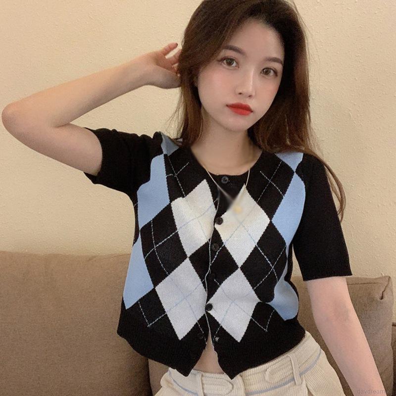 Áo Cardigan Dệt Kim Tay Ngắn Cổ Tròn Màu Sắc Tương Phản