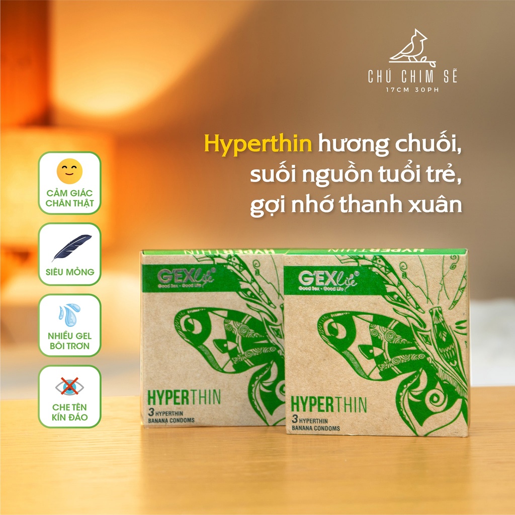 Bao cao su GEXlife Hyperthin ôm khít kéo dài hộp 3 cái - Chú Chim Sẽ