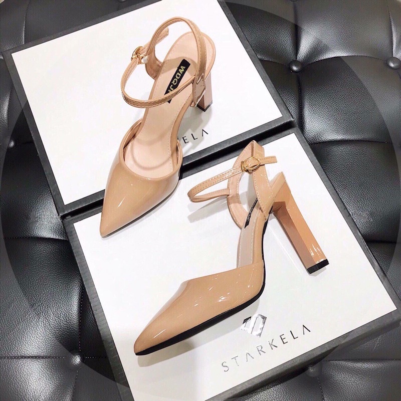 Giày sandal cao gót bít mũi da bóng gót thanh xuất hàn 8cm