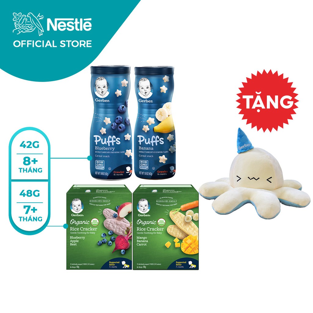 [Tặng 1 Bạch Tuộc Bông]Combo 2 Bánh Gạo Gerber Chuối Xoài Cà Rốt+Việt Quất Táo Củ Cải Đỏ+2 Bánh Gerber Chuối+Việt Quất