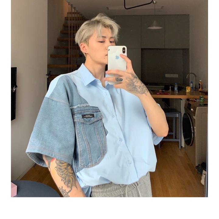 Áo sơ mi hàn quốc xẻ tà cho nam - tay lửng phối jean rách phong cách unisex