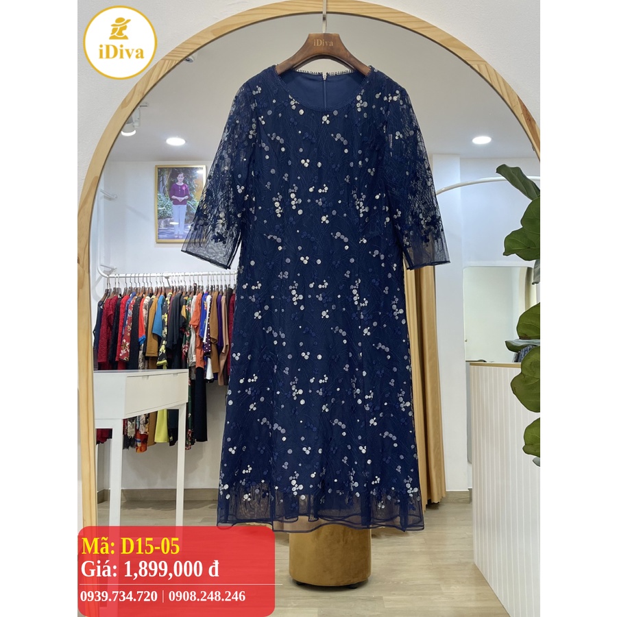 Đầm trung niên cao cấp iDiva D15-05 đầm chất liệu ren thêu mềm, dáng ôm nhẹ phù hợp u50 dự tiệc sang trọng