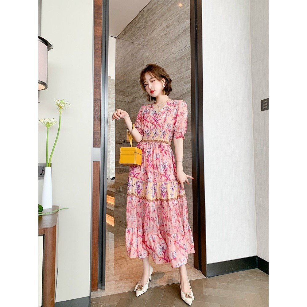 ĐẦM XÒE MAXI VOAN LỤA IN HỌA TIẾT BO CHUN EO SIÊU XINH - LCT247410 - HÀNG QUẢNG CHÂU