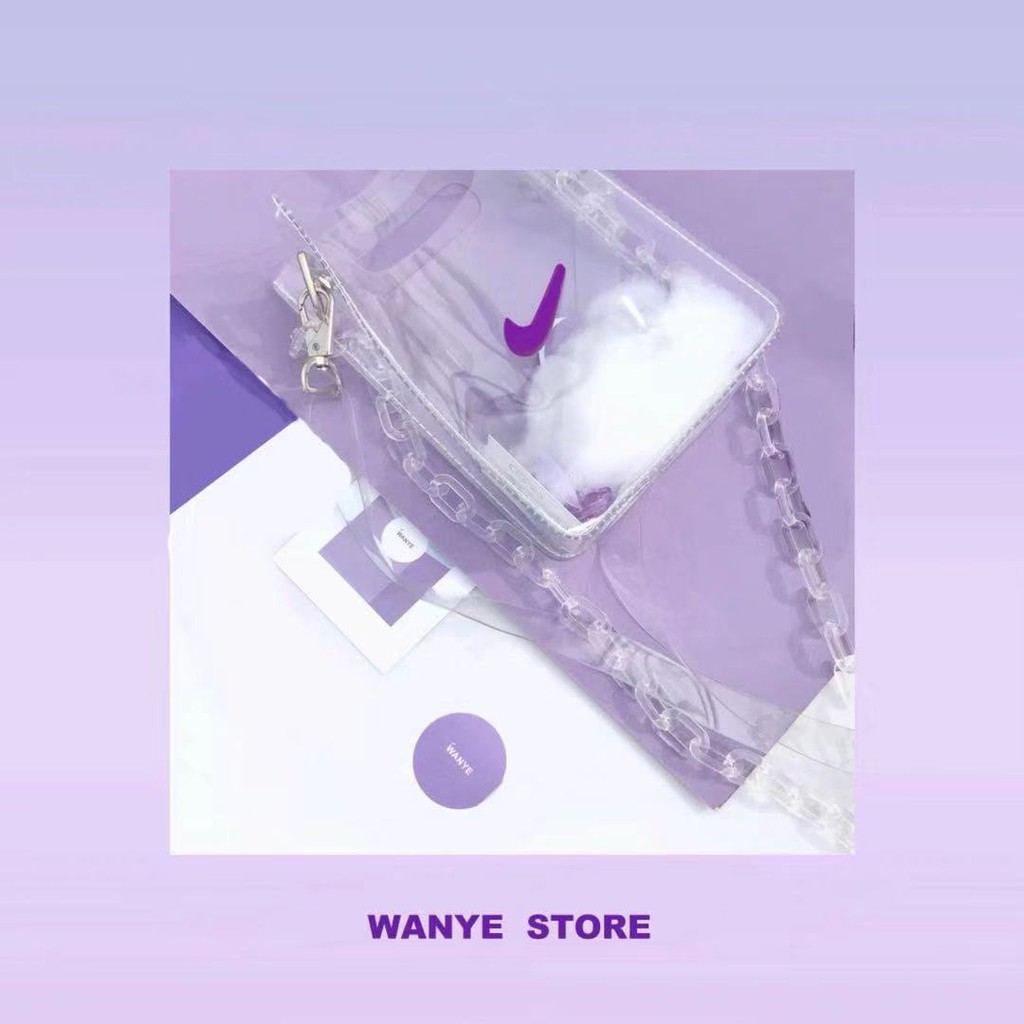 Túi đeo chéo logo Nike mini bằng nhựa PVC Trong suốt 24 * 7.5 * 17 cm kèm 6 ghim cài trang trí