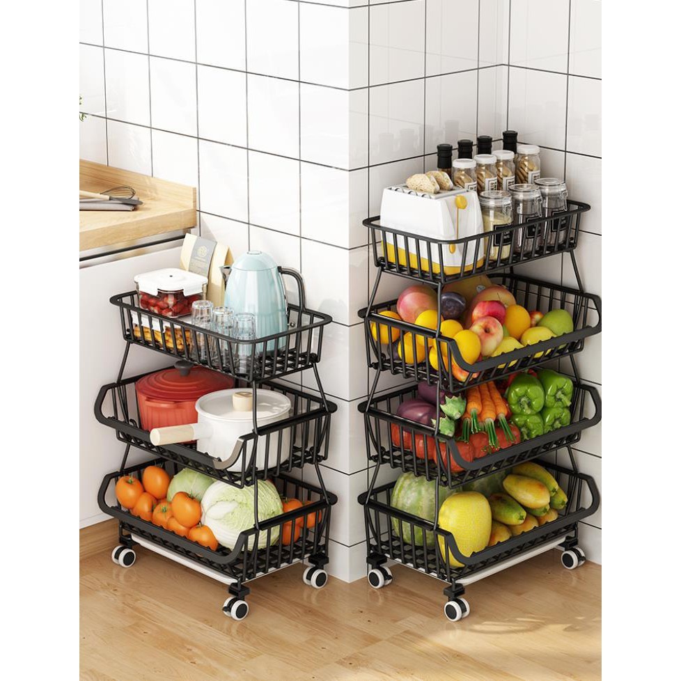Kệ đựng hoa quả 2,3,4 tầng có bánh xe di chuyển và cố định, xe đẩy rau củ có khớp nối đa năng bằng thép không gỉ | BigBuy360 - bigbuy360.vn