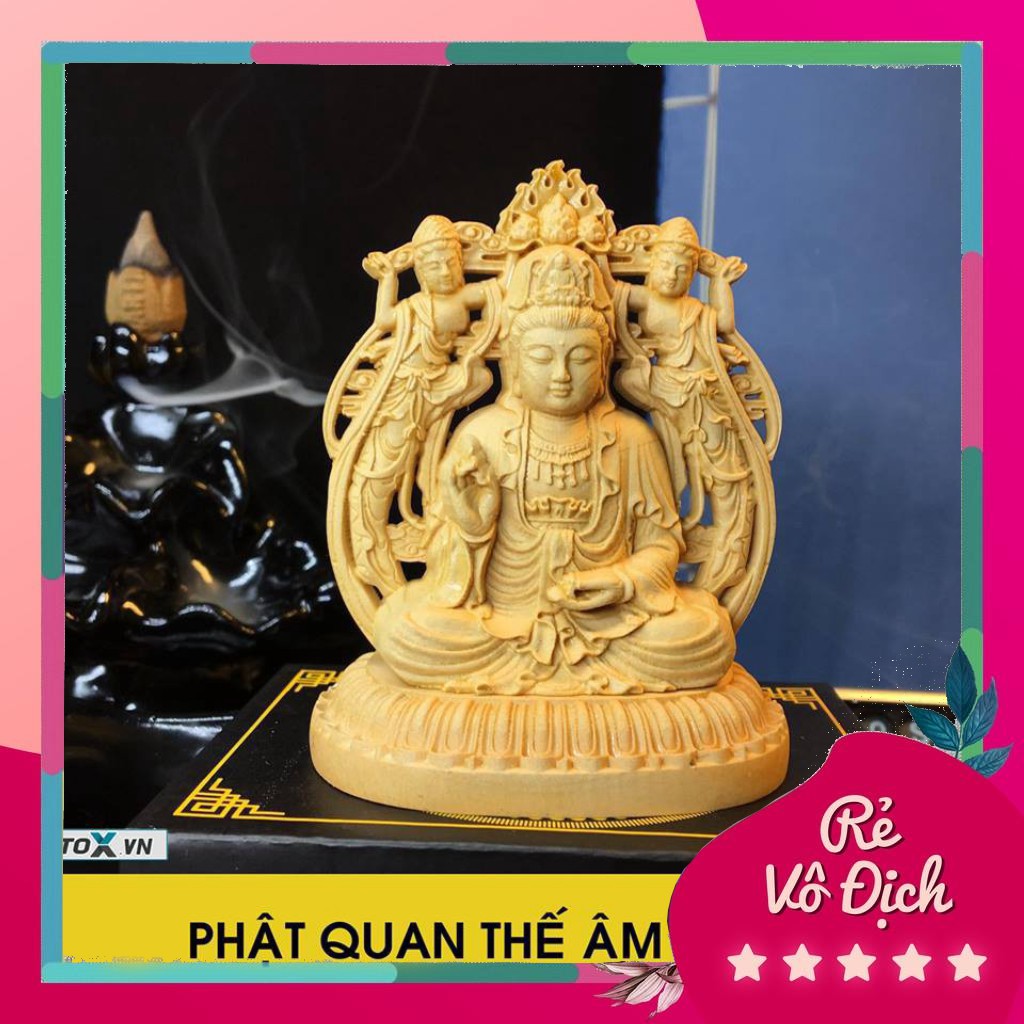 ((TẶNG VÒNG )) Tượng Phật Bà Quan Âm tự tại bằng gỗ -Tặng vòng đeo tay (để trên bàn lv với trên taplo ôtô )